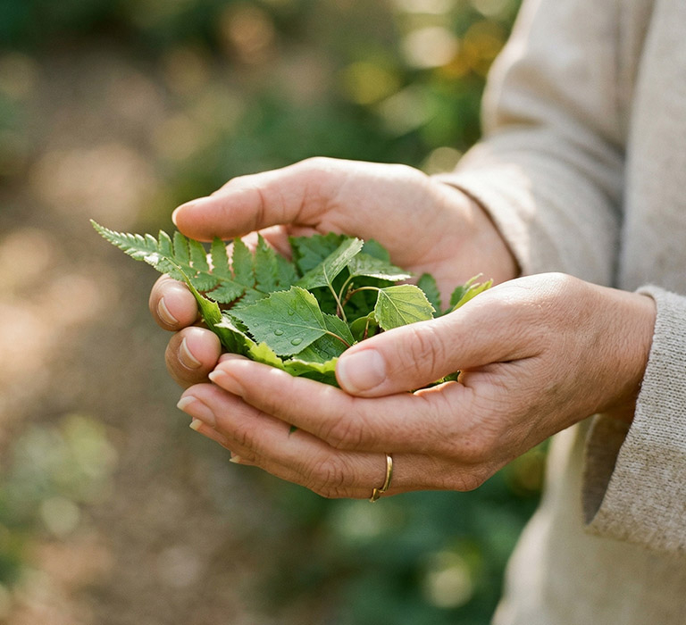mãos segurando folhas verdes representando conexão com a natureza e biofilia